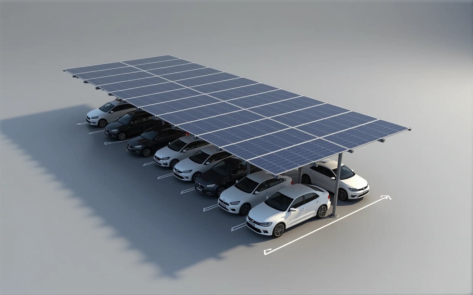 Atlas Heavy Solar-Carport mit Doppelreihen-Konfiguration vor anthrazitfarbenem Industrie-Hintergrund