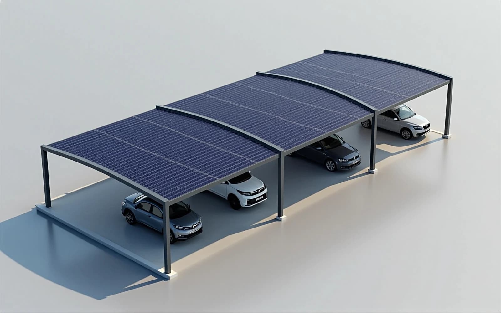 Strix Snow Solar-Carport mit sechs Stellplätzen in Light-Steel-Konstruktion auf Gewerbeparkplatz