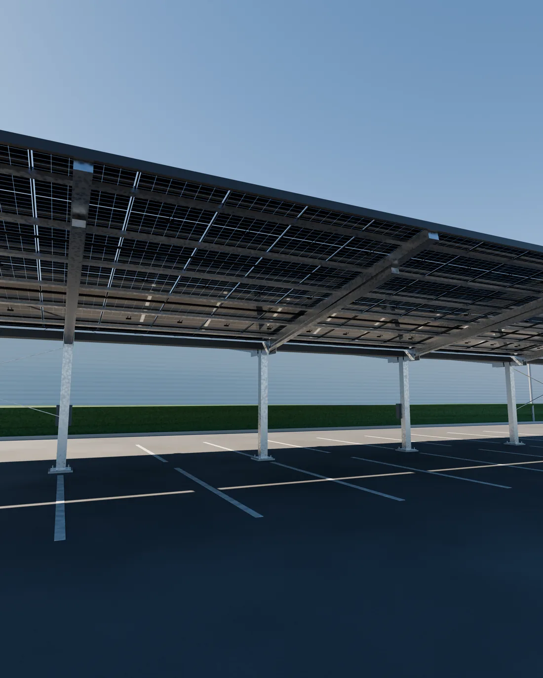 Atlas Heavy von der Stellplatzseite: Wallbox am Pfosten, Module als Dach